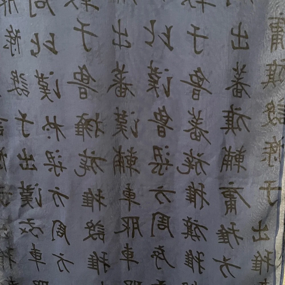 100% Silk Scarf,  Asian Script by BanJara Navy, Black  13”wide 64”long Artsy